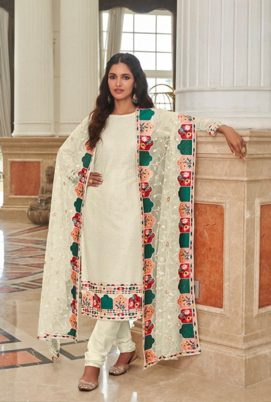 Anaita Cream Faux Georgette Plazzo Suit With Embroidery & Sequins Work | Grocsy