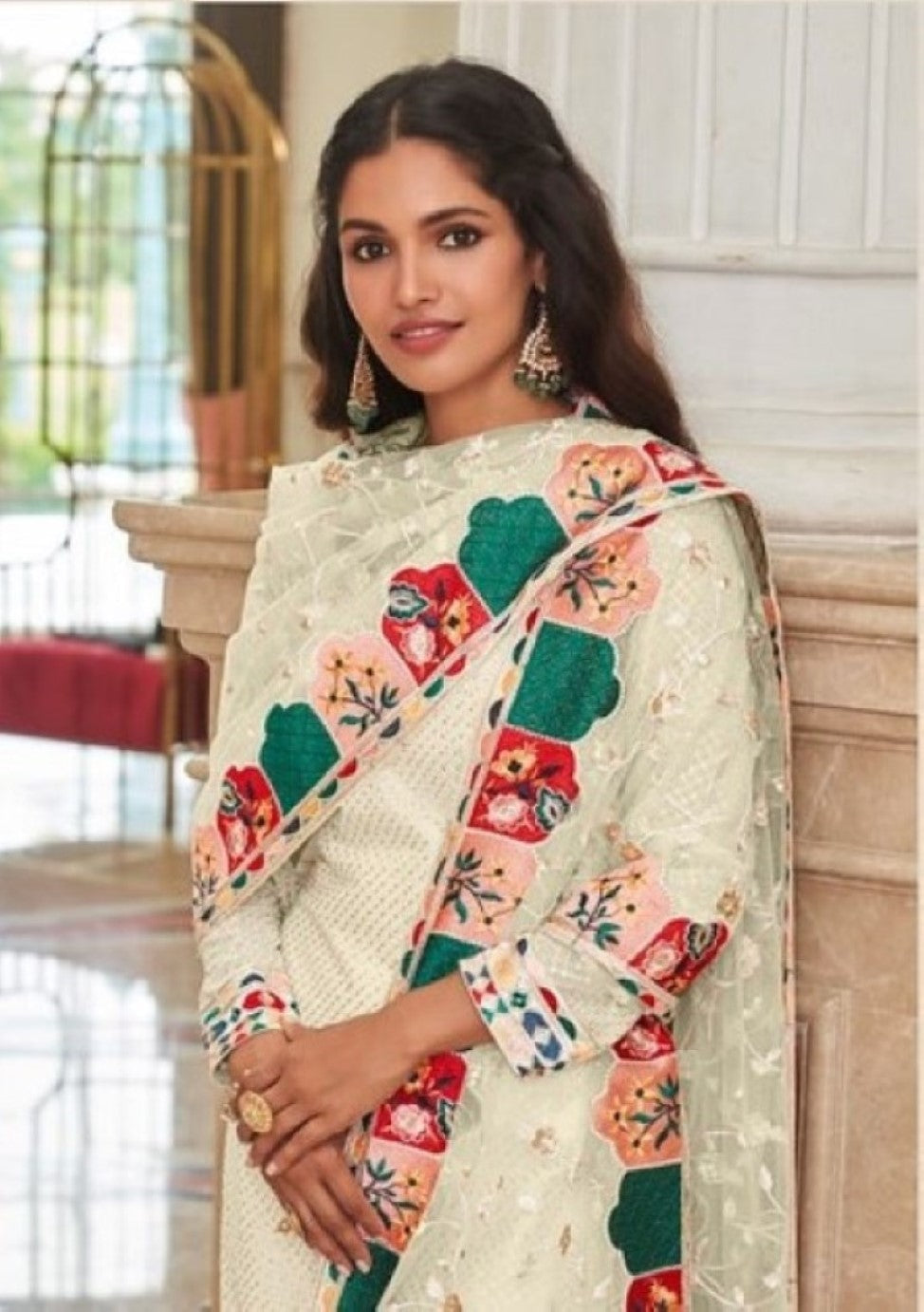 Anaita Cream Faux Georgette Plazzo Suit With Embroidery & Sequins Work | Grocsy