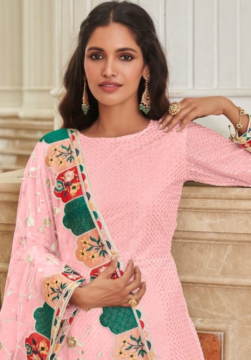 Anaita Baby Pink Faux Georgette Plazzo Suit With Embroidery & Sequins Work | Grocsy