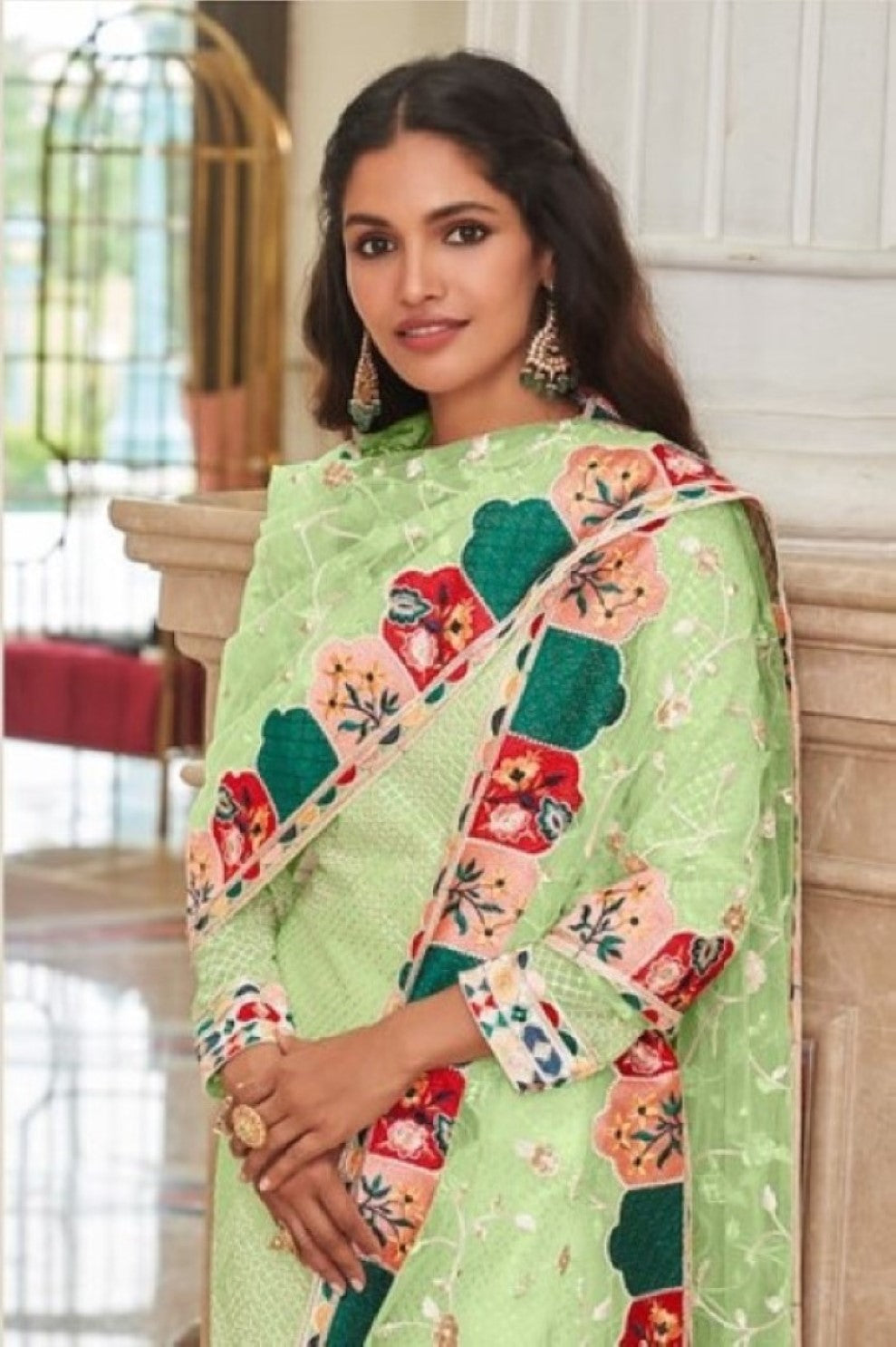 Anaita Green Faux Georgette Plazzo Suit With Embroidery & Sequins Work | Grocsy