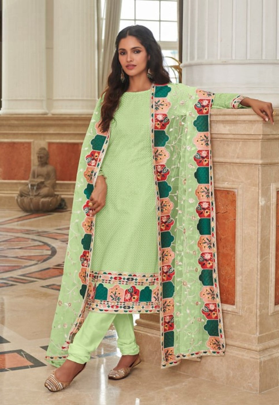 Anaita Green Faux Georgette Plazzo Suit With Embroidery & Sequins Work | Grocsy