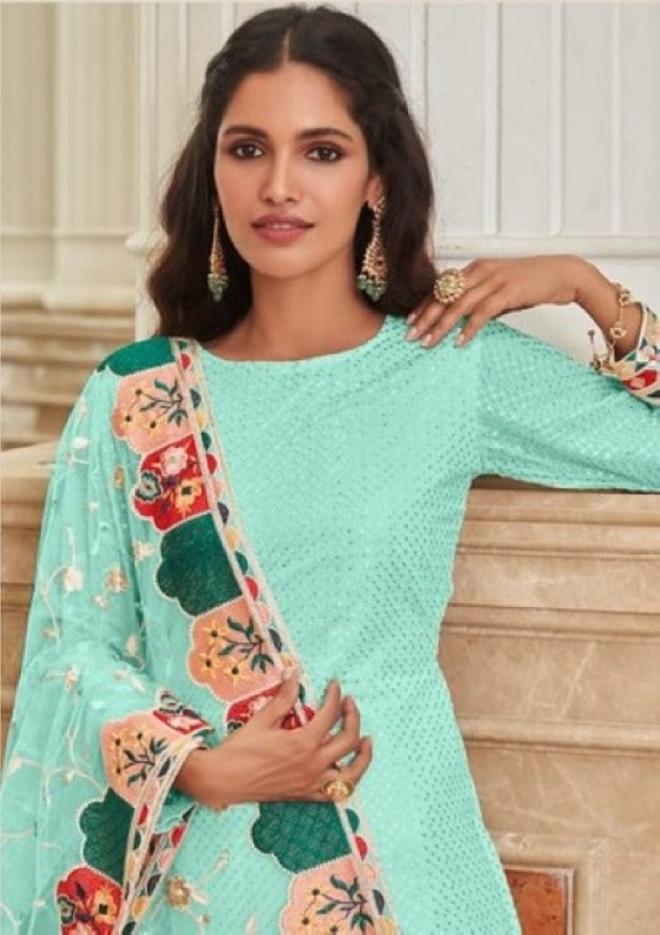 Anaita Turquoise Faux Georgette Plazzo Suit With Embroidery & Sequins Work | Grocsy