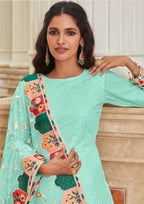 Anaita Turquoise Faux Georgette Plazzo Suit With Embroidery & Sequins Work | Grocsy