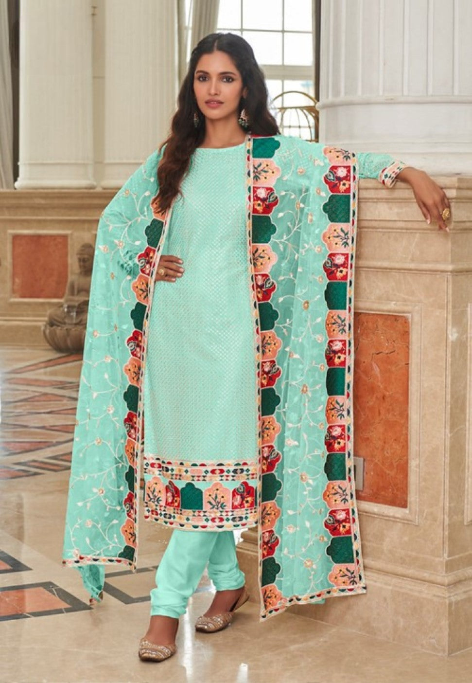 Anaita Turquoise Faux Georgette Plazzo Suit With Embroidery & Sequins Work | Grocsy