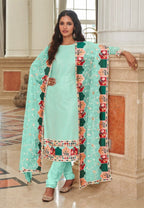 Anaita Turquoise Faux Georgette Plazzo Suit With Embroidery & Sequins Work | Grocsy