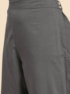 Sangria Women Charcoal Grey Pure Cotton Solid Kurta with Cropped Trousers | Grocsy