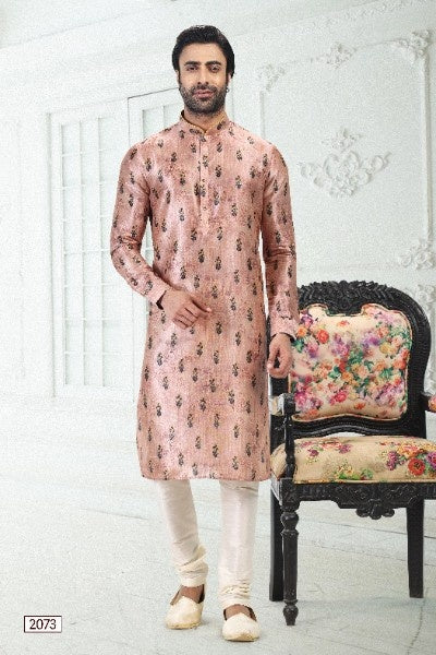Raivat Ethnic Banarasi Silk Pintux Work Kurta Pajama In Peach Colour | Grocsy