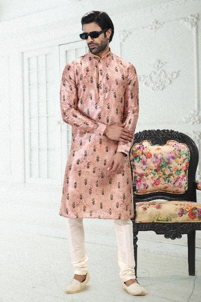 Raivat Ethnic Banarasi Silk Pintux Work Kurta Pajama In Peach Colour | Grocsy