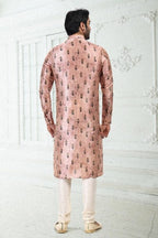 Raivat Ethnic Banarasi Silk Pintux Work Kurta Pajama In Peach Colour | Grocsy