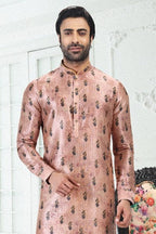 Raivat Ethnic Banarasi Silk Pintux Work Kurta Pajama In Peach Colour | Grocsy