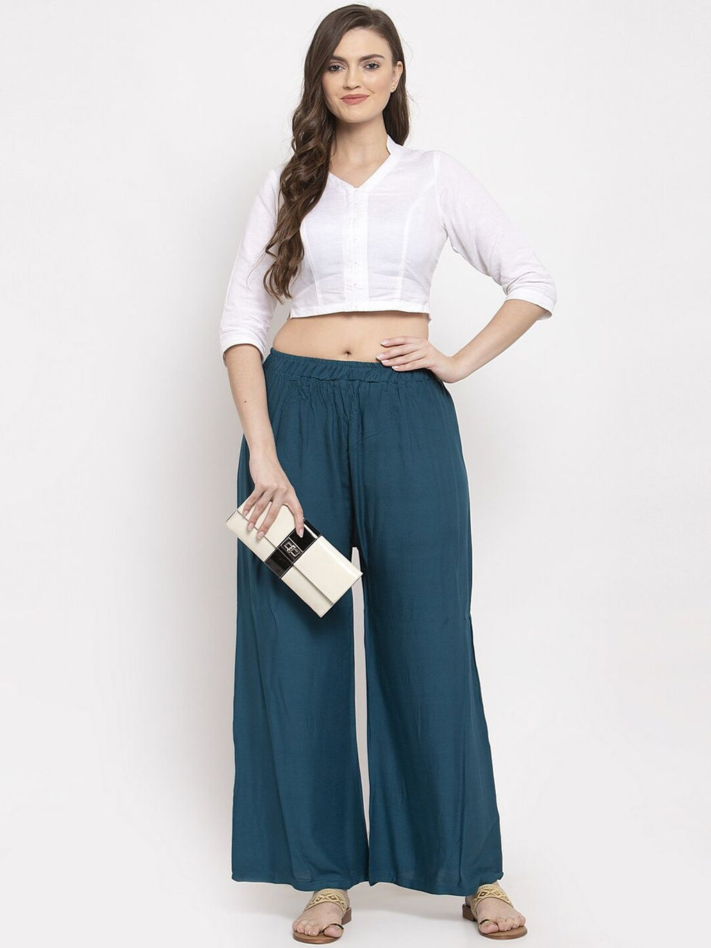 TAG 7 Women Set Of 2 Blue & Magenta Solid Straight Palazzos | Grocsy