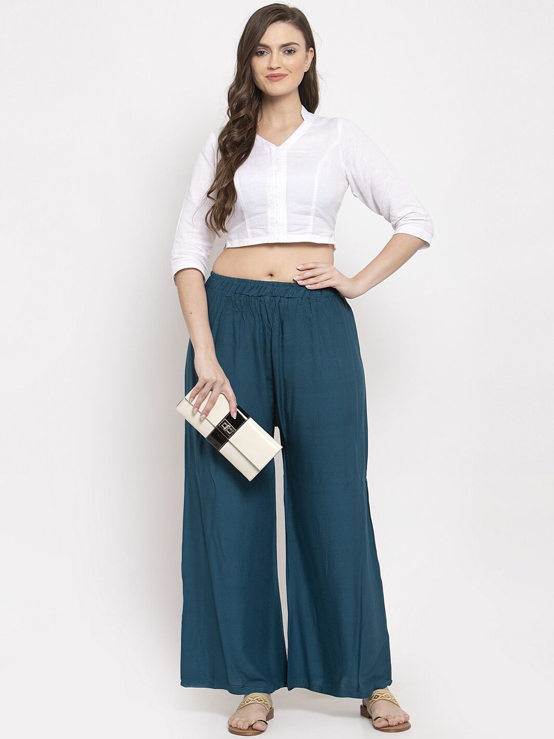 TAG 7 Women Set Of 2 Blue & Magenta Solid Straight Palazzos | Grocsy