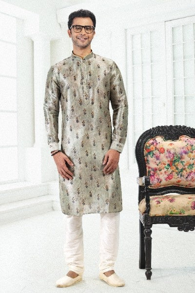 Raivat Ethnic Banarasi Silk Pintux Work Kurta Pajama In Pista Green Colour | Grocsy