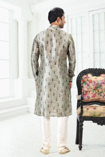 Raivat Ethnic Banarasi Silk Pintux Work Kurta Pajama In Pista Green Colour | Grocsy