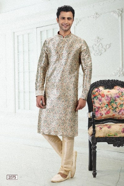 Raivat Ethnic Banarasi Silk Pintux Work Kurta Pajama In Cream Green Colour | Grocsy