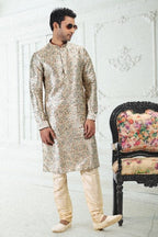 Raivat Ethnic Banarasi Silk Pintux Work Kurta Pajama In Cream Green Colour | Grocsy
