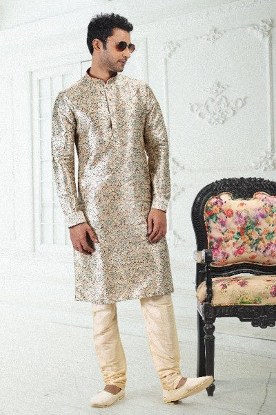 Raivat Ethnic Banarasi Silk Pintux Work Kurta Pajama In Cream Green Colour | Grocsy