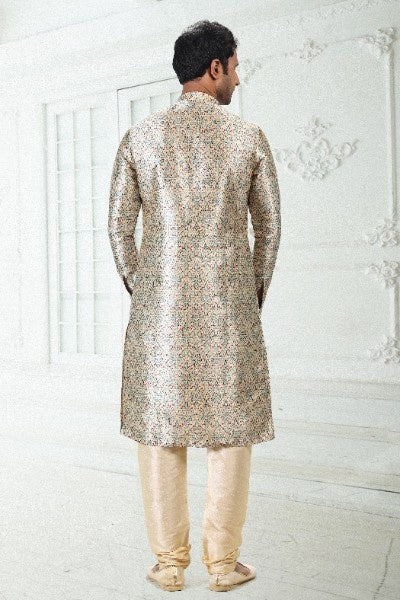 Raivat Ethnic Banarasi Silk Pintux Work Kurta Pajama In Cream Green Colour | Grocsy