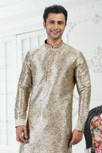 Raivat Ethnic Banarasi Silk Pintux Work Kurta Pajama In Cream Green Colour | Grocsy