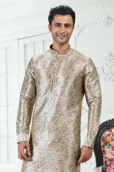Raivat Ethnic Banarasi Silk Pintux Work Kurta Pajama In Cream Green Colour | Grocsy