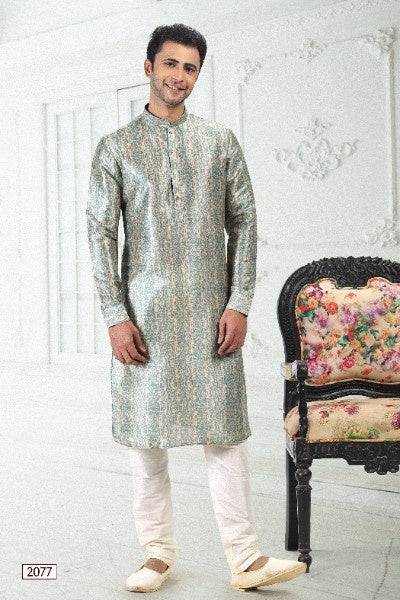 Raivat Ethnic Banarasi Silk Pintux Work Kurta Pajama In Cream Teal Green Colour | Grocsy