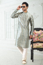Raivat Ethnic Banarasi Silk Pintux Work Kurta Pajama In Cream Teal Green Colour | Grocsy