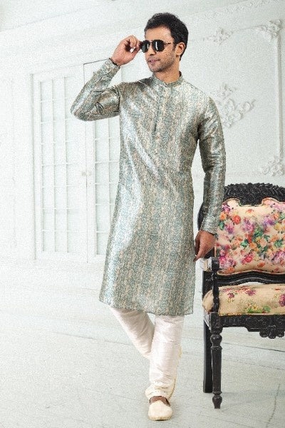 Raivat Ethnic Banarasi Silk Pintux Work Kurta Pajama In Cream Teal Green Colour | Grocsy