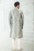 Raivat Ethnic Banarasi Silk Pintux Work Kurta Pajama In Cream Teal Green Colour | Grocsy