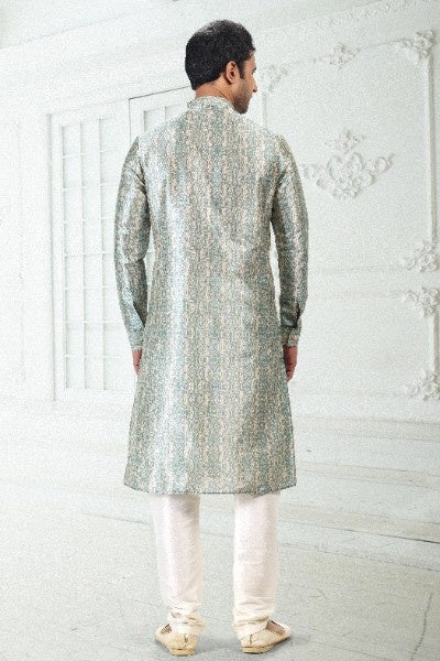 Raivat Ethnic Banarasi Silk Pintux Work Kurta Pajama In Cream Teal Green Colour | Grocsy
