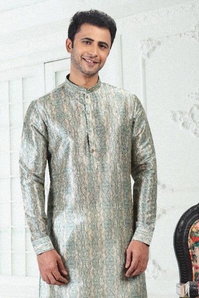 Raivat Ethnic Banarasi Silk Pintux Work Kurta Pajama In Cream Teal Green Colour | Grocsy