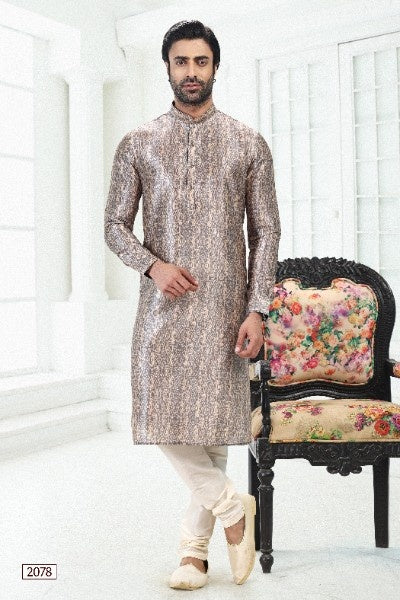 Raivat Ethnic Banarasi Silk Pintux Work Kurta Pajama In Cream Grey Colour | Grocsy