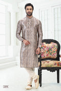 Raivat Ethnic Banarasi Silk Pintux Work Kurta Pajama In Cream Grey Colour | Grocsy