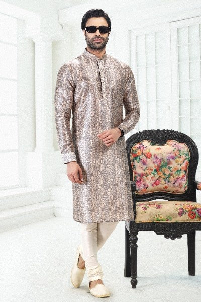 Raivat Ethnic Banarasi Silk Pintux Work Kurta Pajama In Cream Grey Colour | Grocsy