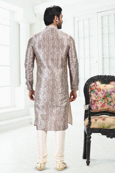 Raivat Ethnic Banarasi Silk Pintux Work Kurta Pajama In Cream Grey Colour | Grocsy