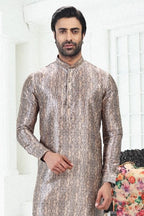 Raivat Ethnic Banarasi Silk Pintux Work Kurta Pajama In Cream Grey Colour | Grocsy