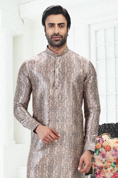 Raivat Ethnic Banarasi Silk Pintux Work Kurta Pajama In Cream Grey Colour | Grocsy