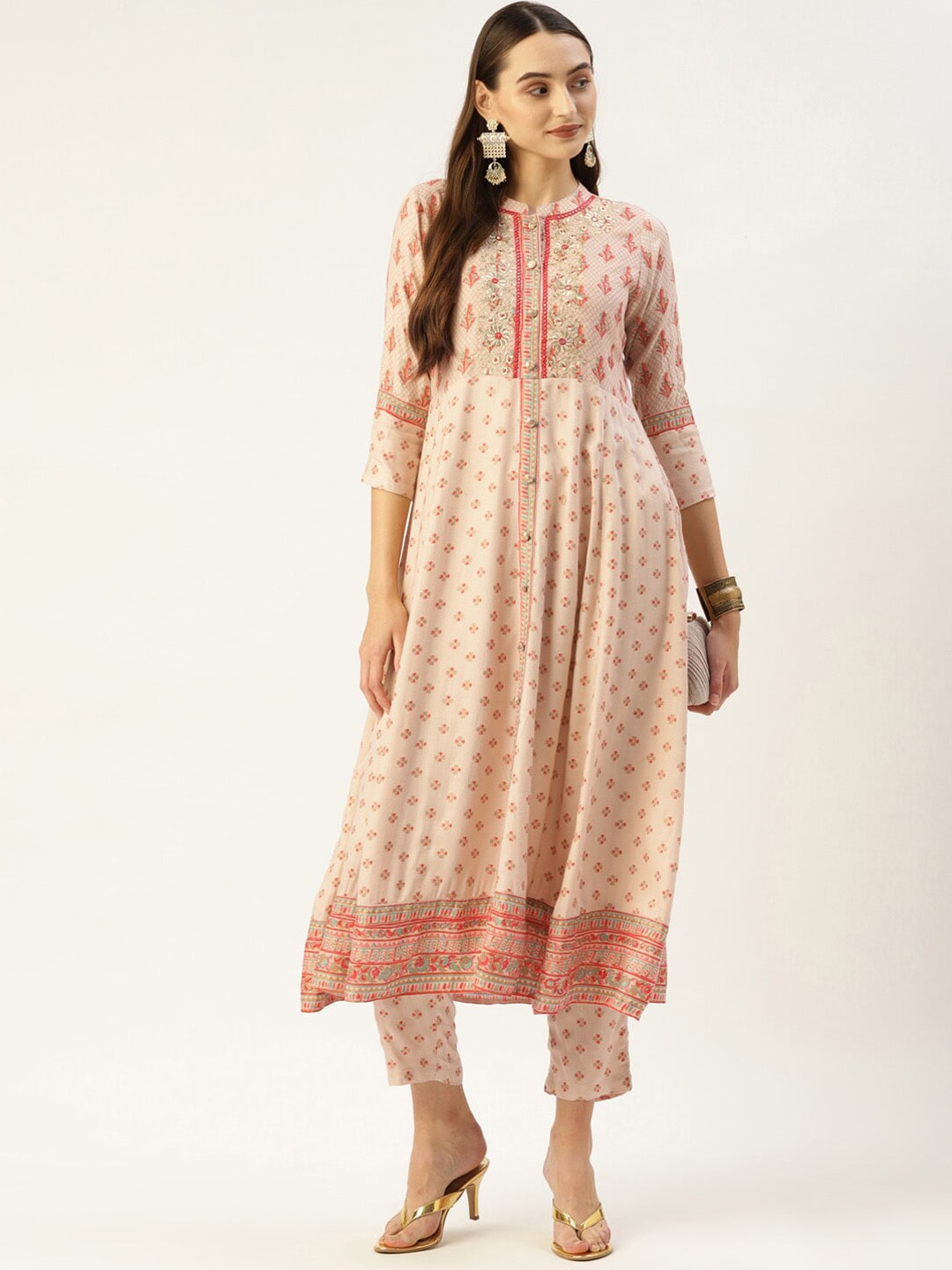 HERE&NOW Women Cream-Coloured Floral Embroidered Kurta with Trousers | Grocsy