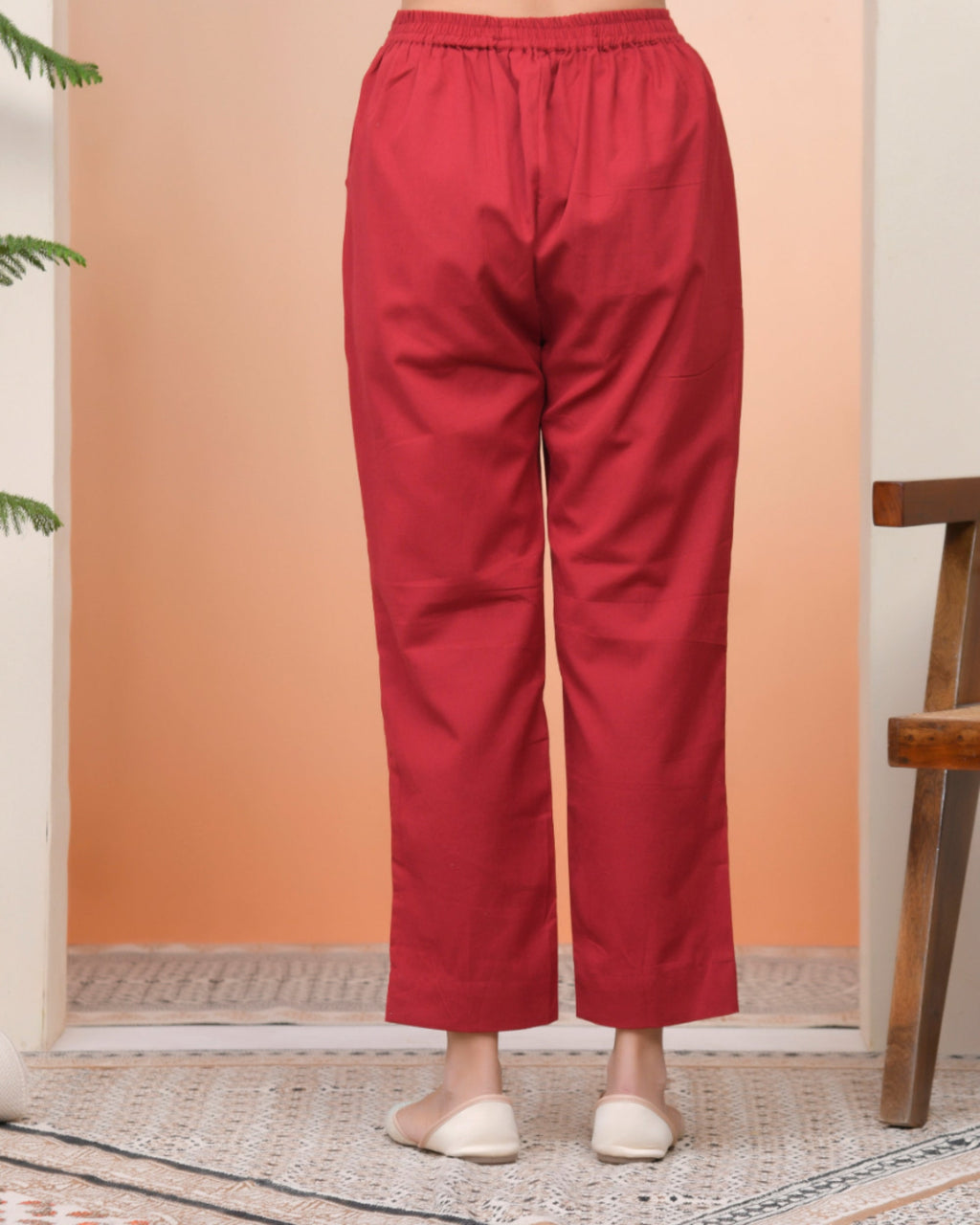Vaasva Women Maroon Cotton Flax Solid Straight Pants | Grocsy