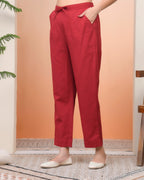 Vaasva Women Maroon Cotton Flax Solid Straight Pants | Grocsy