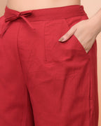 Vaasva Women Maroon Cotton Flax Solid Straight Pants | Grocsy