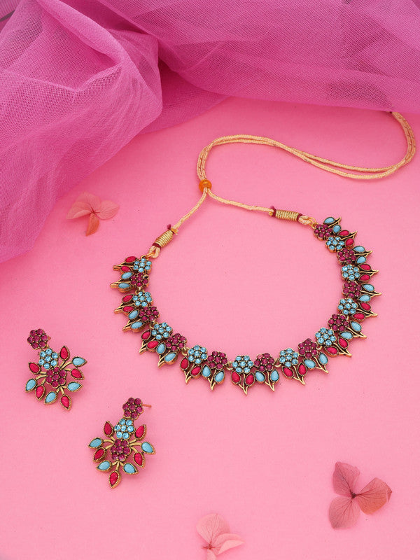 Tehzeeb Creations Pink & Sky Blue Colour Gold Pleated Stone Studded Necklace With Earrings | Grocsy
