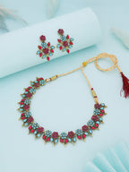 Tehzeeb Creations Pink & Sky Blue Colour Gold Pleated Stone Studded Necklace With Earrings | Grocsy