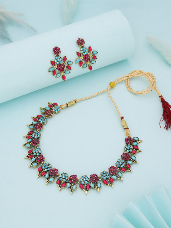 Tehzeeb Creations Pink & Sky Blue Colour Gold Pleated Stone Studded Necklace With Earrings | Grocsy