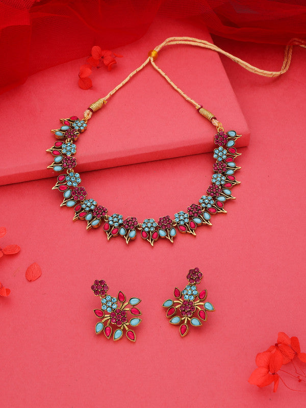 Tehzeeb Creations Pink & Sky Blue Colour Gold Pleated Stone Studded Necklace With Earrings | Grocsy
