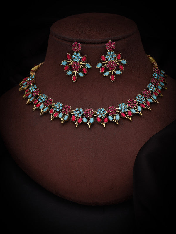 Tehzeeb Creations Pink & Sky Blue Colour Gold Pleated Stone Studded Necklace With Earrings | Grocsy