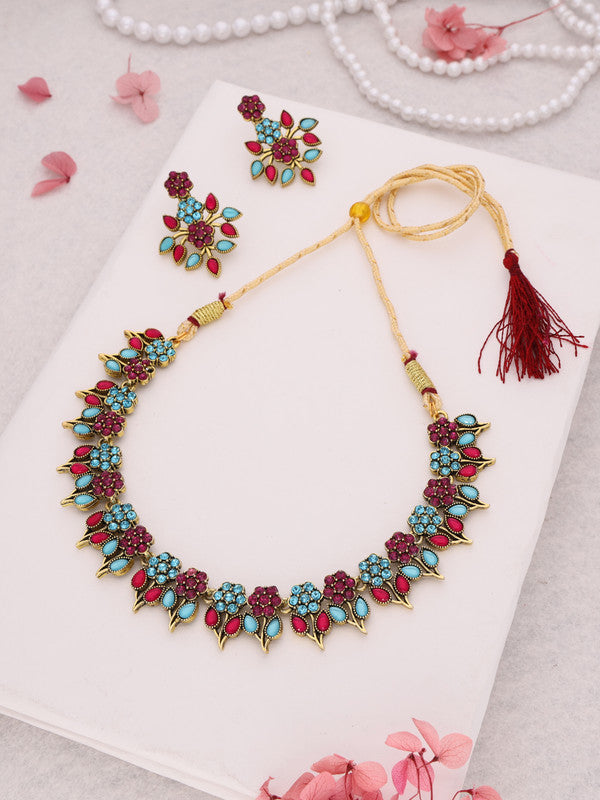 Tehzeeb Creations Pink & Sky Blue Colour Gold Pleated Stone Studded Necklace With Earrings | Grocsy