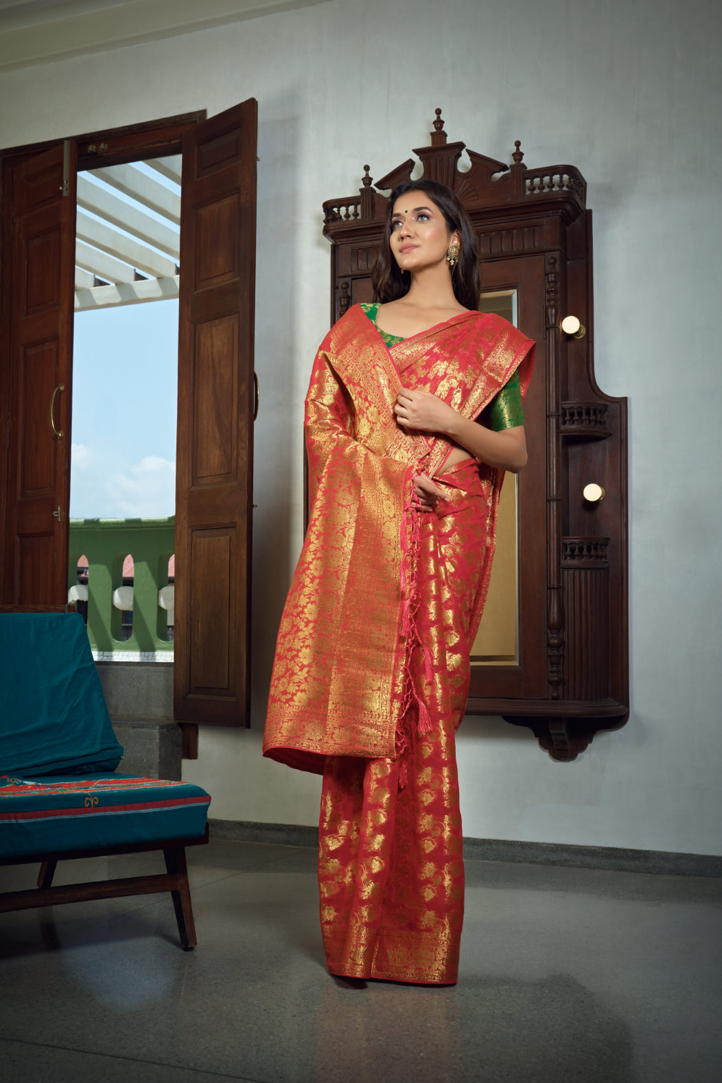 Vardha Rose Red Golden Zari Banarasi Chiffon Saree | Grocsy