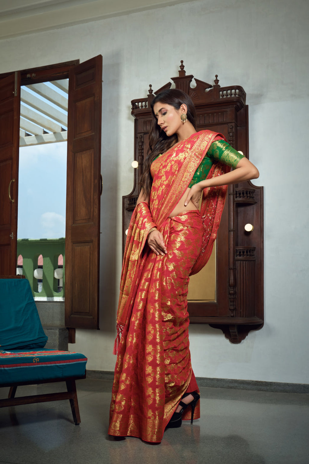Vardha Rose Red Golden Zari Banarasi Chiffon Saree | Grocsy
