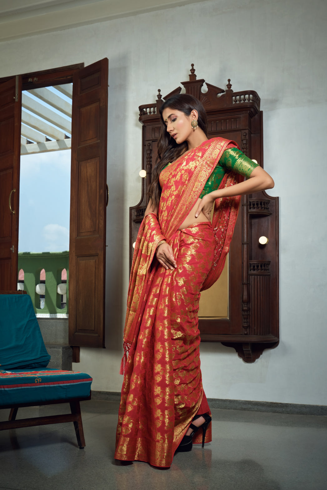 Vardha Rose Red Golden Zari Banarasi Chiffon Saree | Grocsy