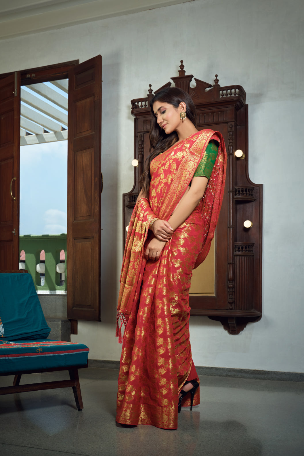 Vardha Rose Red Golden Zari Banarasi Chiffon Saree | Grocsy